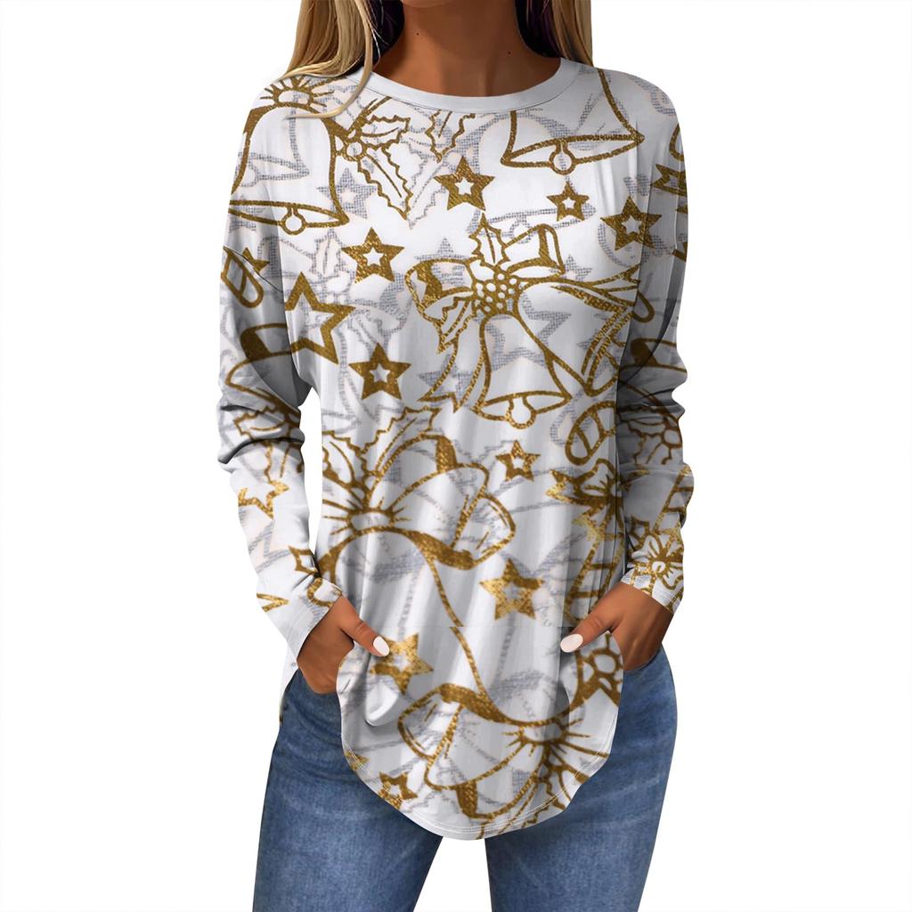 Женская модная повседневная футболка с круглым вырезом и длинным рукавом с рождественским принтом