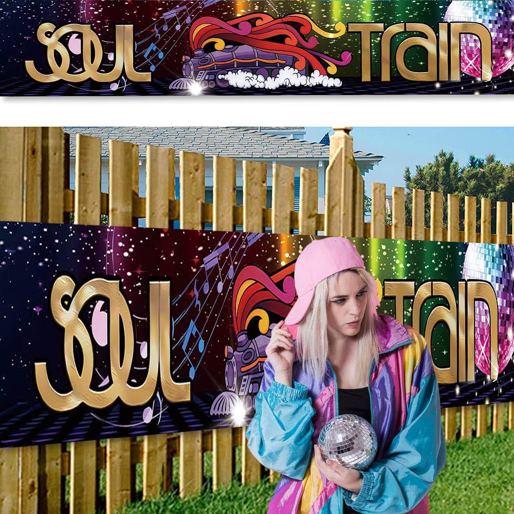 118 x 20 Inches 70s 80s Train Theme Yard Door Banner Sign Disco Party Decoration Banner Neon Light Flash Newborn Baby Show Birthday Party Cake Table