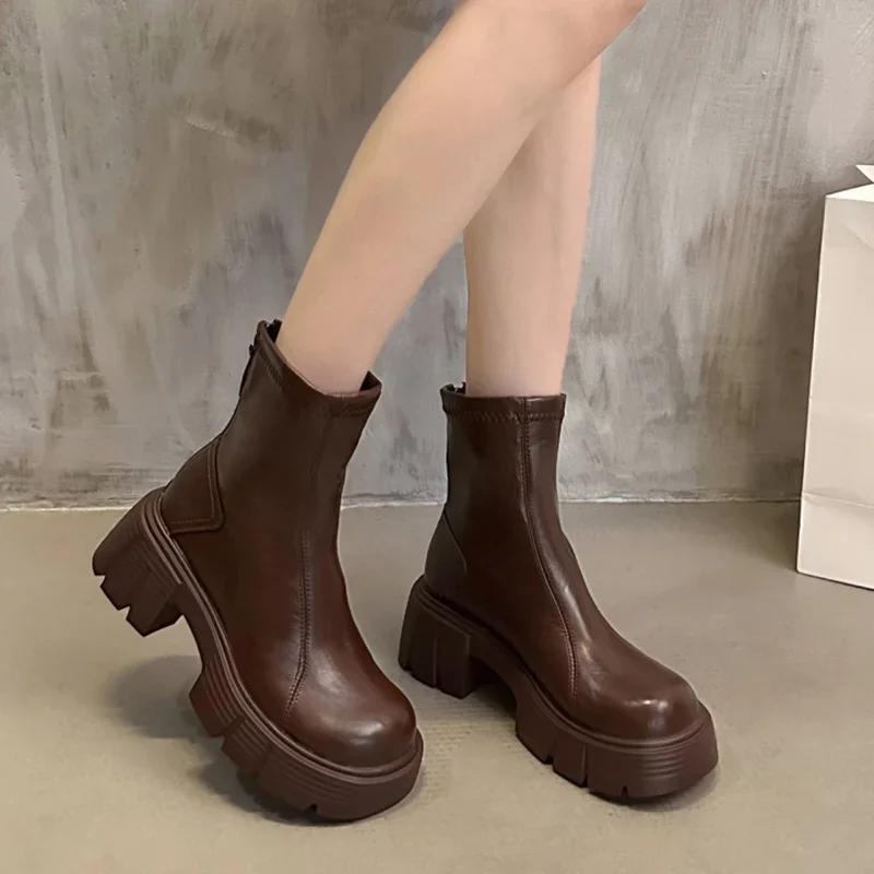 Женские ботильоны на платформе, массивные кожаные туфли на среднем каблуке, модная обувь 2025 года, зимняя классика, готические туфли-лодочки, мотоциклетные туфли Botas De Mujer