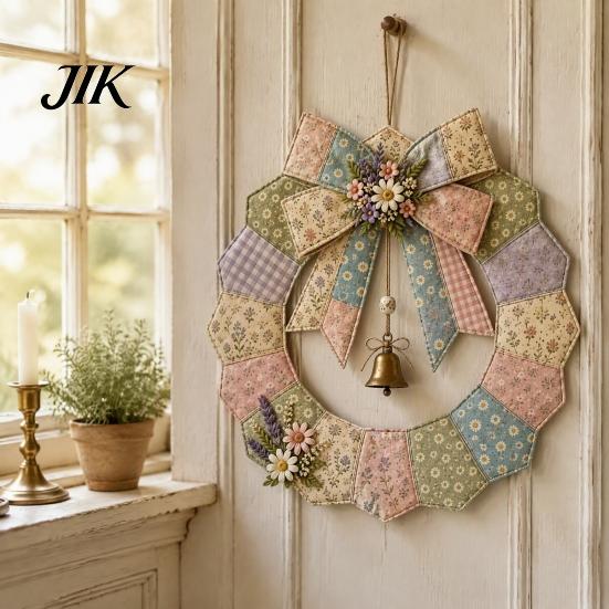 Complete DIY Crafting Materials Patchwork Garland Kit, Retro Floral Fabric Set with Bells And Simulated Flowers, Pastoral Style Wall Hanging Ornament