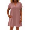 Women's Fashionable Solid Color V Neck Button Short Sleeved Pullover Dress