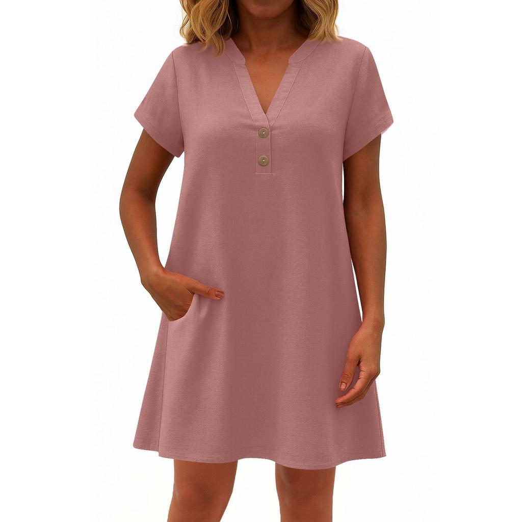 Women's Fashionable Solid Color V Neck Button Short Sleeved Pullover Dress