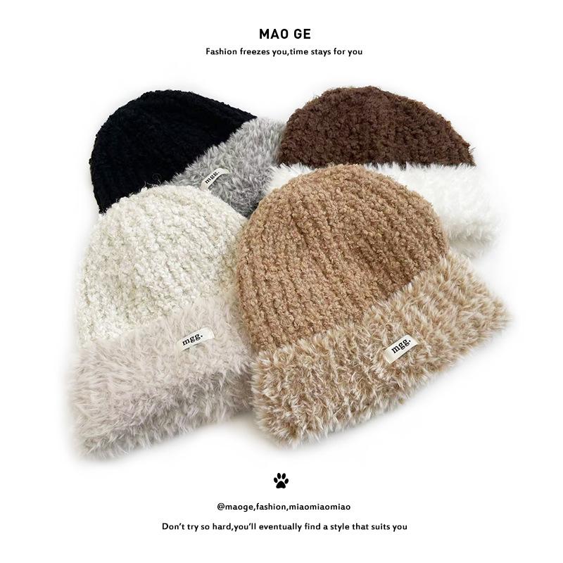 Cat Brother Korean Style Knit Hat: Color Block Plush, Warm Wool, Women's Large Head Circumference