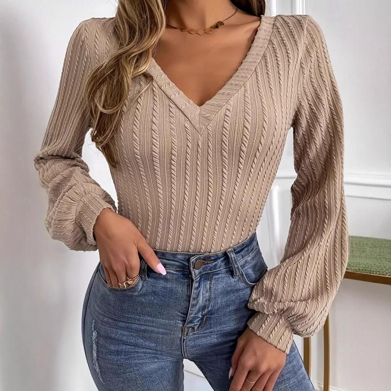 Plus Size V-Neck Puff Sleeve Blouse Womens Loose Long Top Office Casual Wear