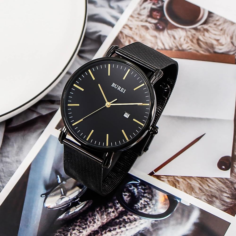 BUREI Men's Analog Watch Black Gold Waterproof Simple Business Milanese Mesh Strap