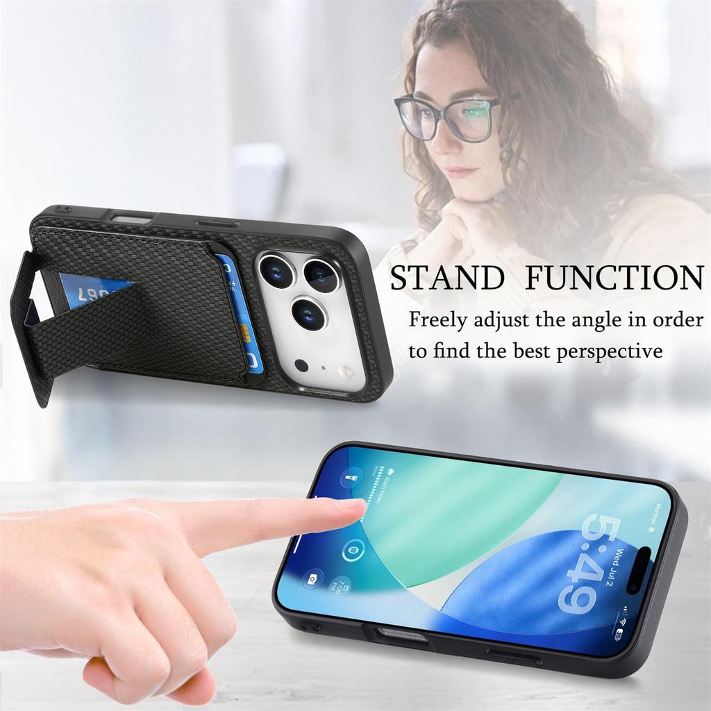 For iPhone 17 Pro Case Card Holder Carbon Fiber Texture Leather Coated TPU Phone Cover