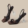 Fashion Sandals Summer New Square Head Open Toe Suede Crystal Metal Chain Metal One-button Non-slip Wear-resistant High Heels