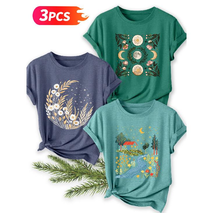 Three-piece set Starry Moon Countryside Scenery Printed Pattern Short Sleeve Vintage Round Neck T Fresh and natural style loose-fitting shirt 2026