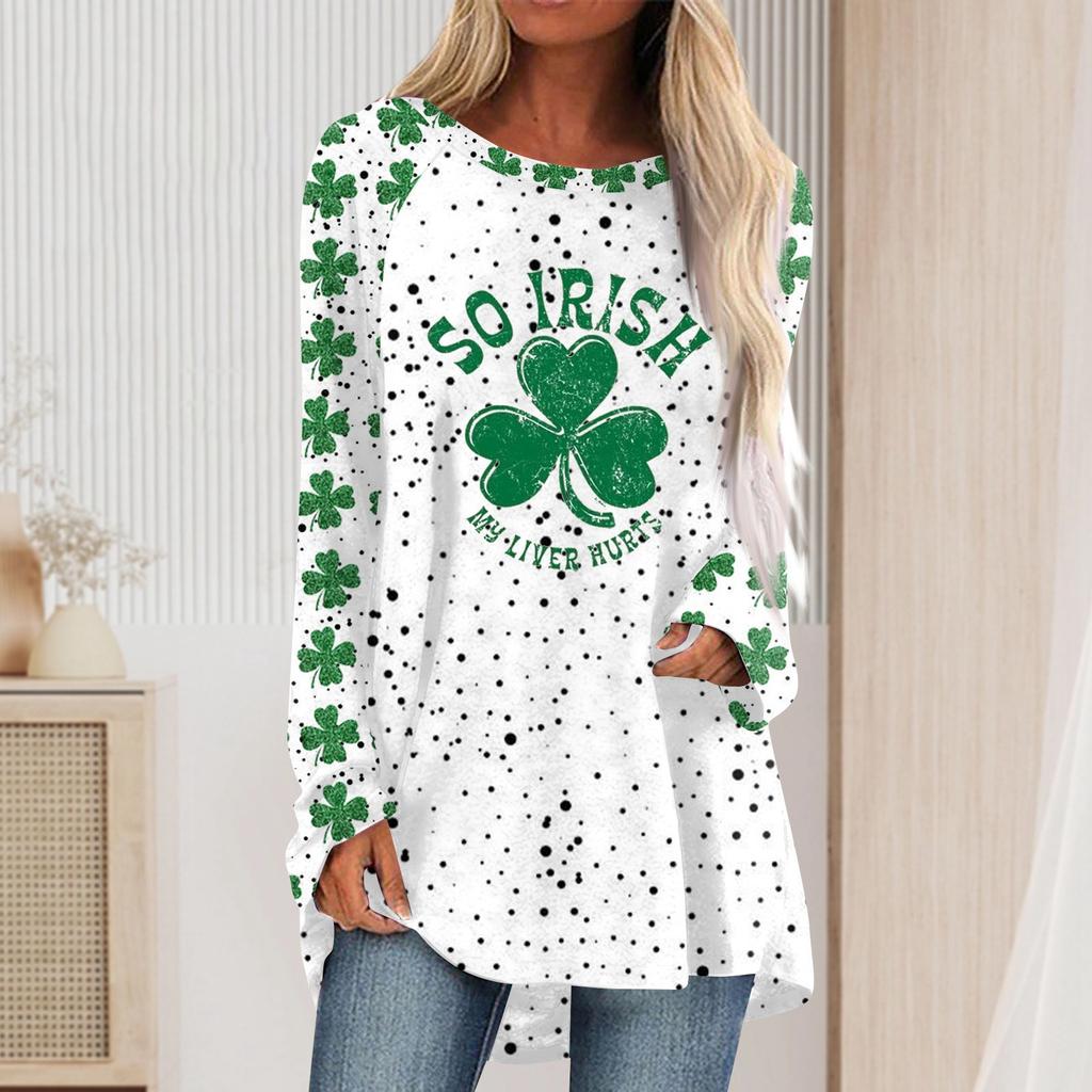 Fashionable Women's Casual Loose Round Neck Long Sleeved Saint Patrick Printed T-shirt Top