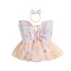 Baby Girl 2 Piece Summer Set, 3D Butterfly Flower Embroidery Fly Sleeve Mesh Romper Dress + 3D Bow Headband Toddler Outfits