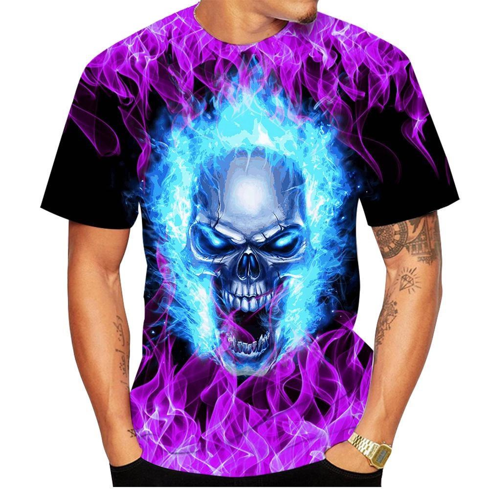 Fire Skull Pattern 3D Printed Men's Casual Hoodie Round Neck Short Sleeve T-shirts