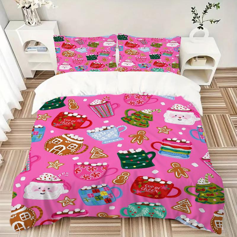 3Pcs Christmas Hot Chocolate Bedding Set Quilt Cover Pillowcase Home Christmas Halloween Gift 1 Duvet Cover 2 Pillowcase S1163