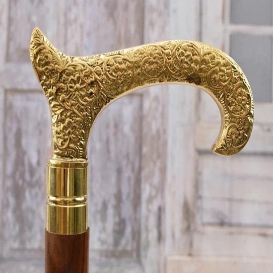 93.98 Cm Walking Stick Wooden and Brass Elegant Goldene Cane Gift for Grandfather Father Wedding Session