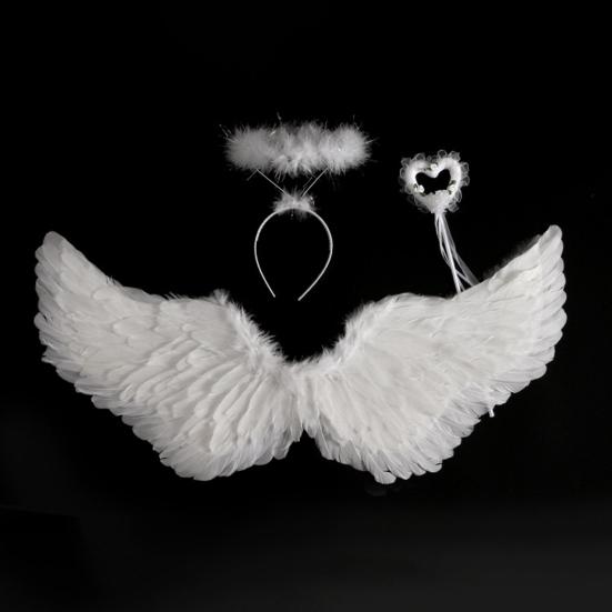 1 Set Halloween Angel Costume Set Artificial Feather White Wings Cane Hair Hoop Three-piece Set Masquerade Cosplay Party Props Angel Wings Set