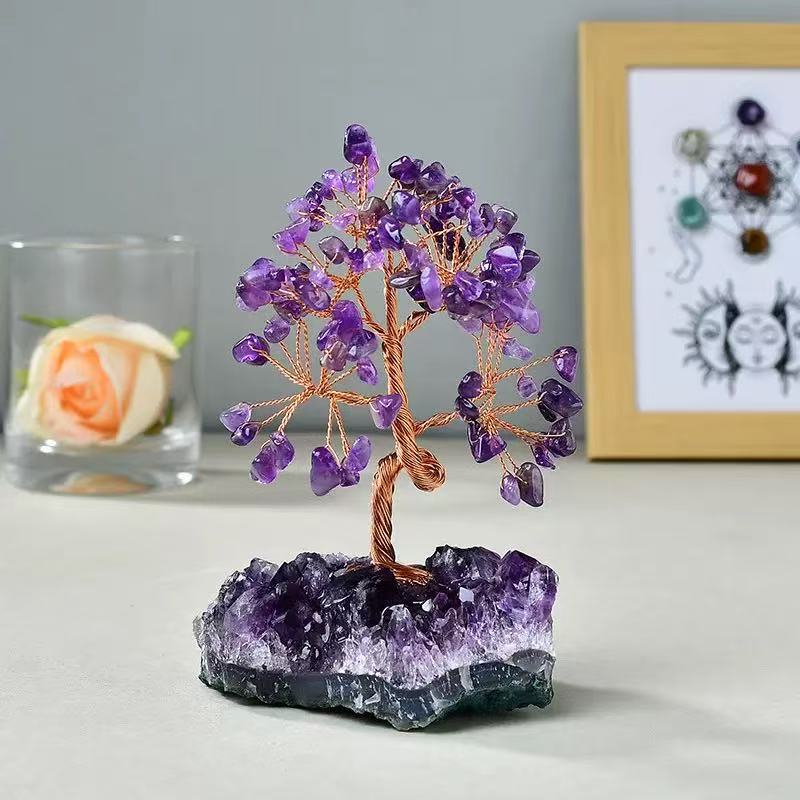 Cross-border Eco-friendly Engraved Natural Amethyst Cluster Base Money Tree Ornament Home Decoration Fortune Tree