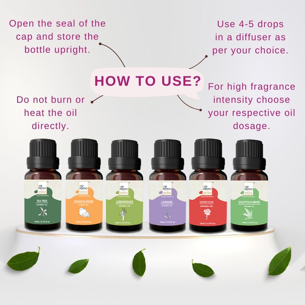AIR ROMA Scented Diffuser Oil Pack of 6 | Lemongrass, Lavender, Eucalyptus, Orange, Rose and Teatree | Natural and Undiluted Aroma Diffuser Oil (