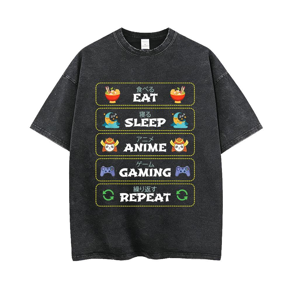 Eat Sleep Anime Gaming Repeat Vintage Washed T-shirt Men Women Casual Humor Harajuku Short Sleeve Tees Male Oversized Streetwear