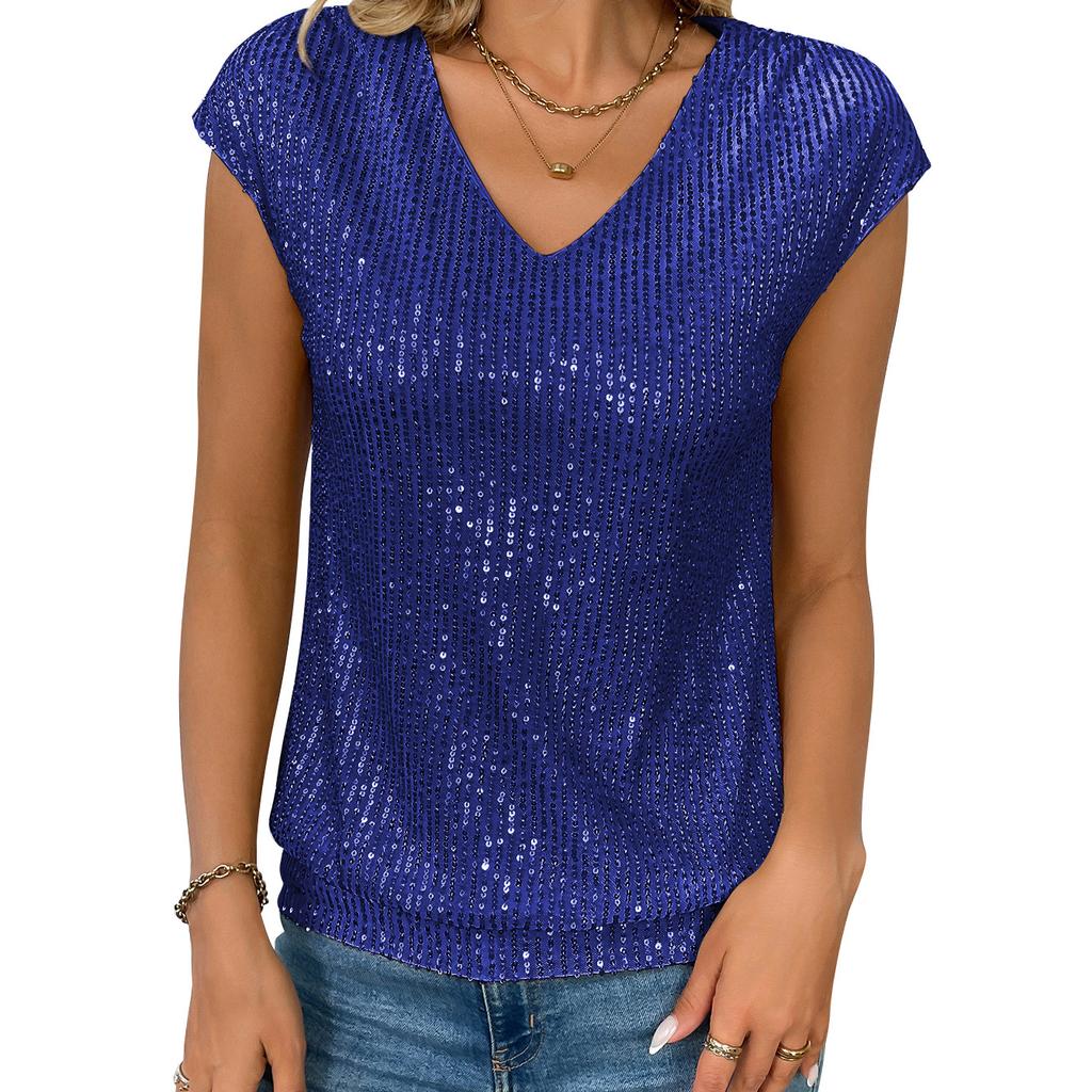 Summer New Women's V-neck Sequined Short Sleeved Top Vest for Women