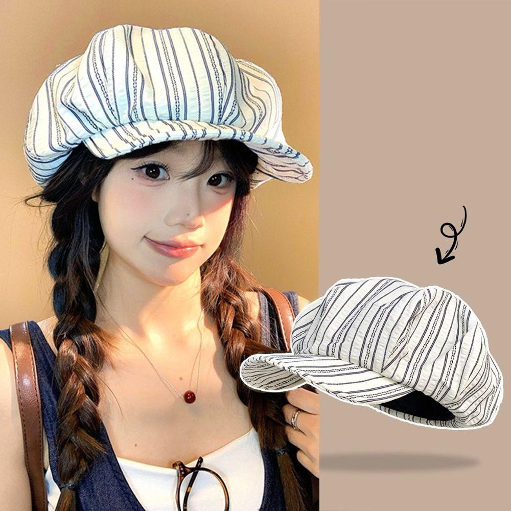 Striped Pattern Peaked Caps Soft Newsboy Cap Niche Style Painter Hat for Women