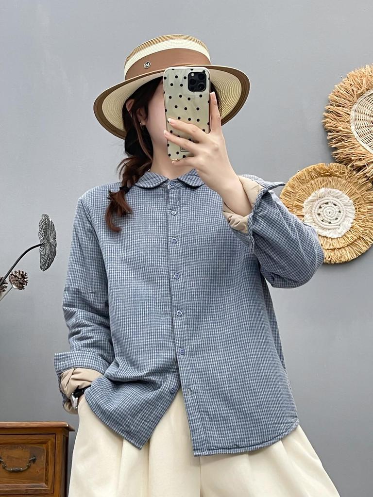 Стильная женская стеганая рубашка-куртка в клетку с хлопковым наполнителем - Коллекция Осень/Зима 2025, Теплый повседневный топ (Стиль 86536)