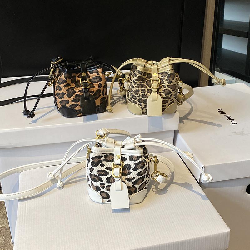 Childrens Retro Leopard Print Drawstring Water Bucket Bag With Pu Material For School And Casual Use