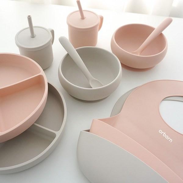 Orbon Suction Baby Food Set of 5, Gray, Suction Plate + Suction Ball + Straw Cup + Bib + Baby Food Spoon, Popular Korean Parenting Items