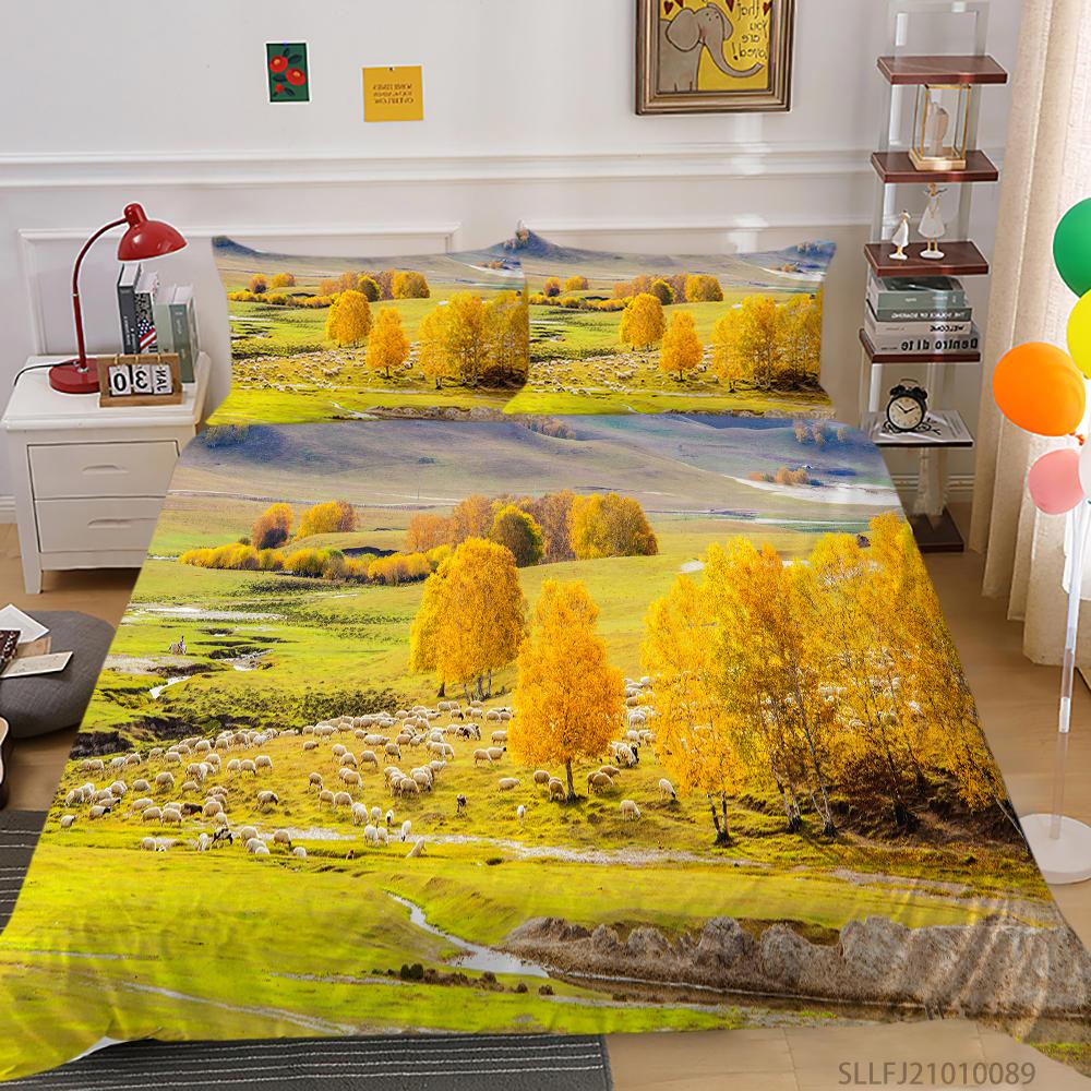 3D Forest Pattern Deluxe Home Bedding Set Full Size Quilt Cover and Pillowcase Landscape Print Washable and Comfortable Bedroom Bedding