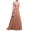 Women Prom Party Dress Round Neck Lace Flower Embroidery Half Sleeve Tight Waist Patchwork Floor Length Pleated Lady Fall Winter Maxi Evening Dress