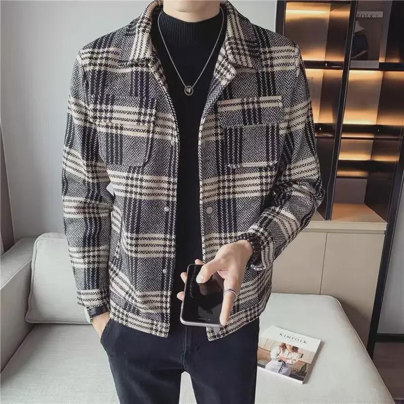 Men's Trendy Plaid Wool Jacket - Slim, Thick, Short Coat for Autumn and Winter