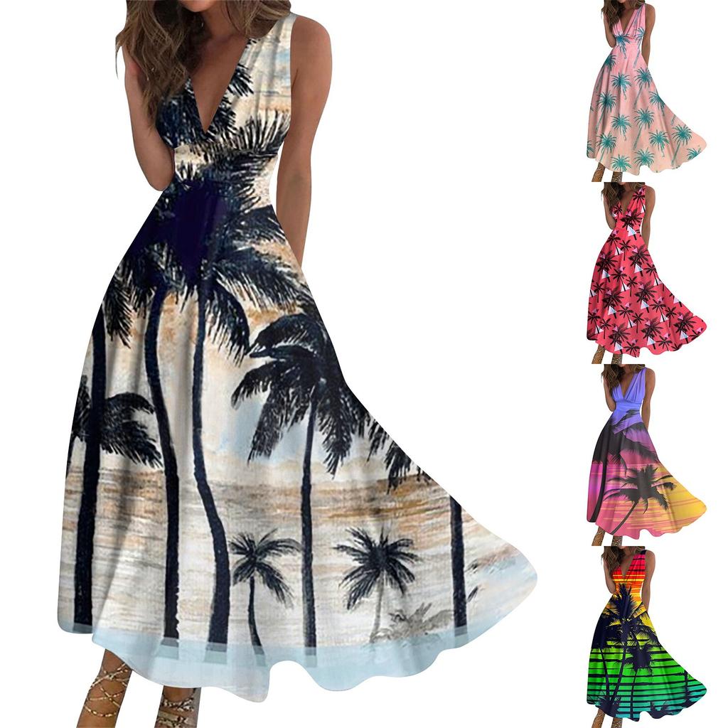 Женская длинная юбка с гавайским цветочным принтом, V-образным вырезом и модная пляжная юбка без рукавов