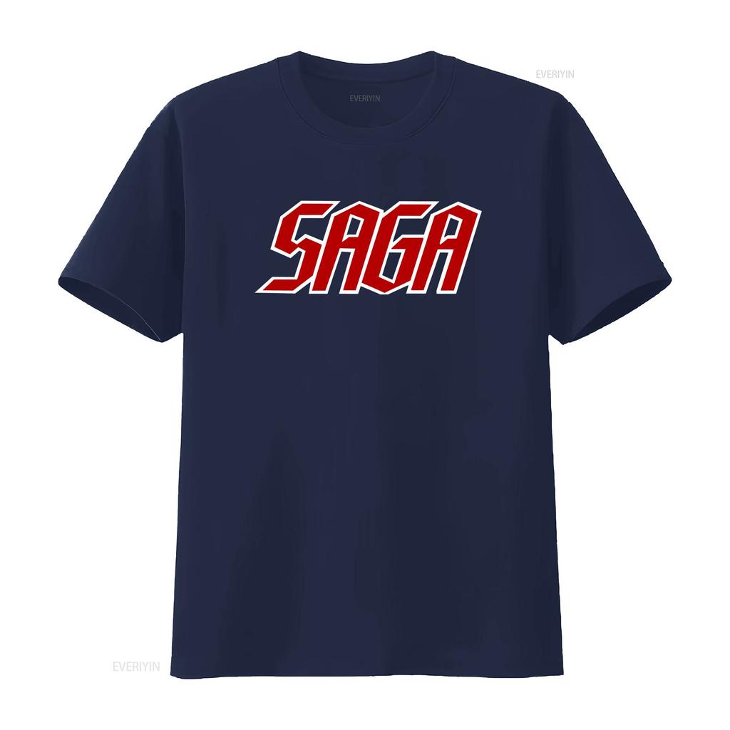 Saga Band Logo Black T Shirt All Sizes Available Bold Red White Design for Music Fans Comfortable Cotton Fabric Perfect