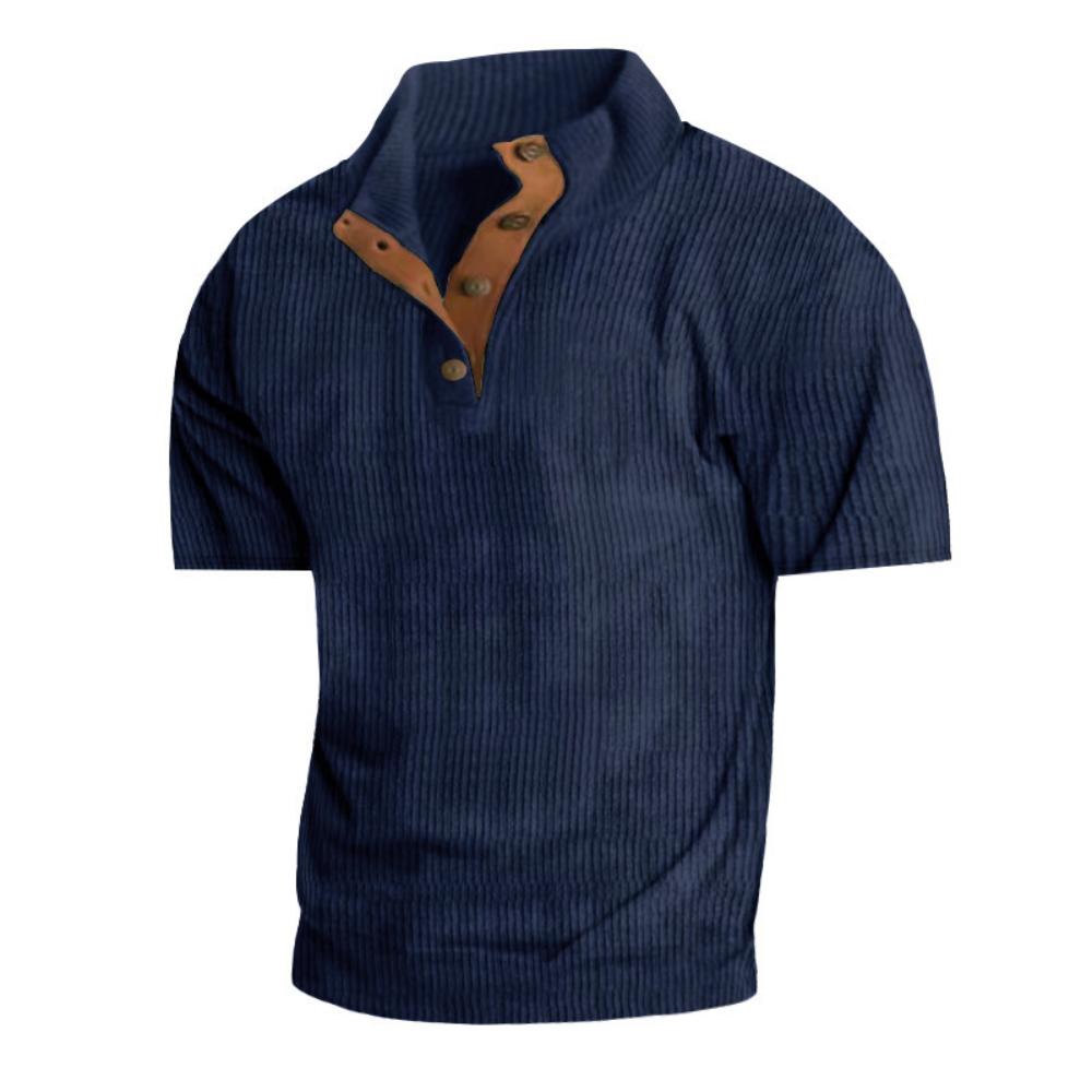 Men's Summer Casual T-shirt Button Stand-up Collar Tees Solid Color Loose Corduroy Short Sleeves Soft Skin-friendly