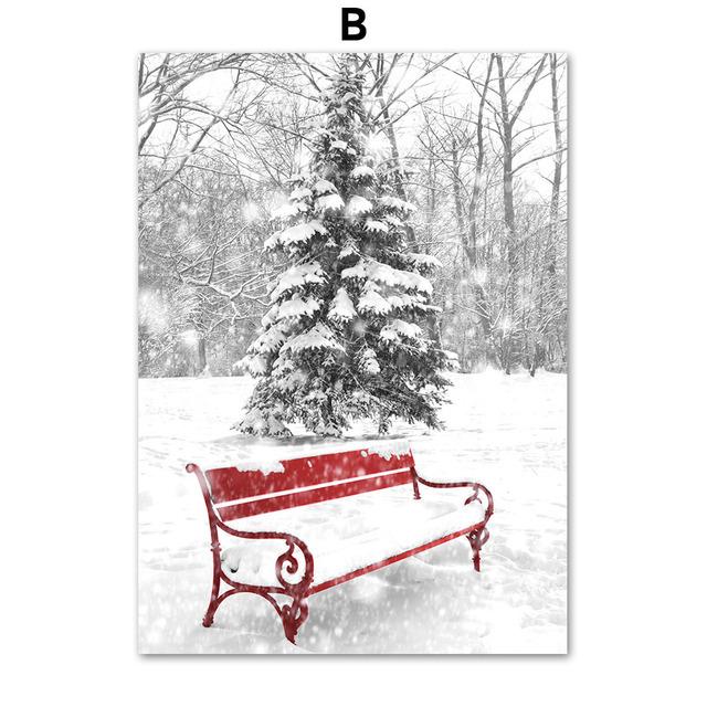 Зимний снежный пейзаж, картина на холсте, настенная живопись, сосновый красный автомобиль, золотой поезд, постер и принт для дома, Рождественский подарок, Декор