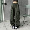 Trousers Women Cargo Pants Hip Hop Baggy Solid Color Multi Pockets Elastic Waist Match Top Loose Breathable Lady Clothes