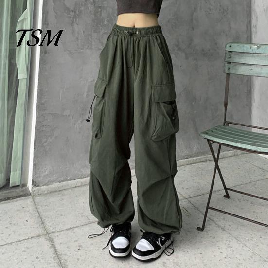 Trousers Women Cargo Pants Hip Hop Baggy Solid Color Multi Pockets Elastic Waist Match Top Loose Breathable Lady Clothes