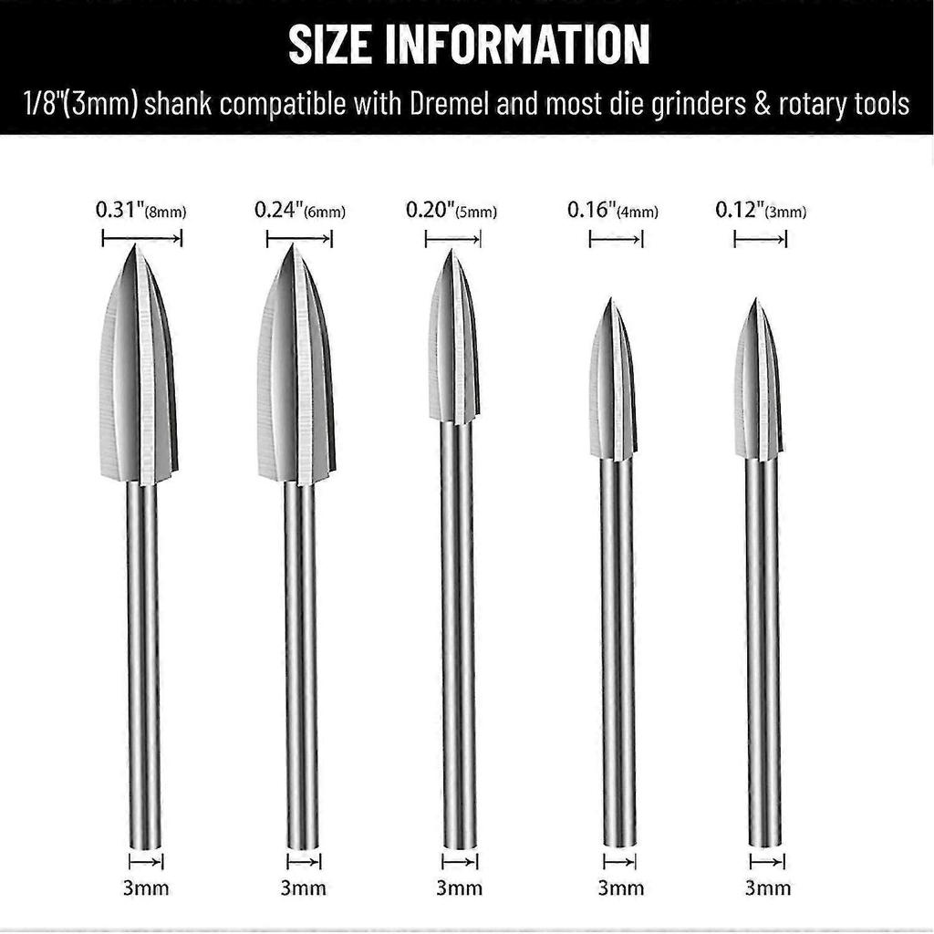 Wood Carving Rotary Tool Bit Set, 5 Piece Wood Carving Bits With 1/8" Shank For Carving, Drilling And Sanding