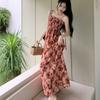 Женское летнее милое элегантное платье с цветочным принтом и высокой талией, праздничные длинные платья на подтяжках