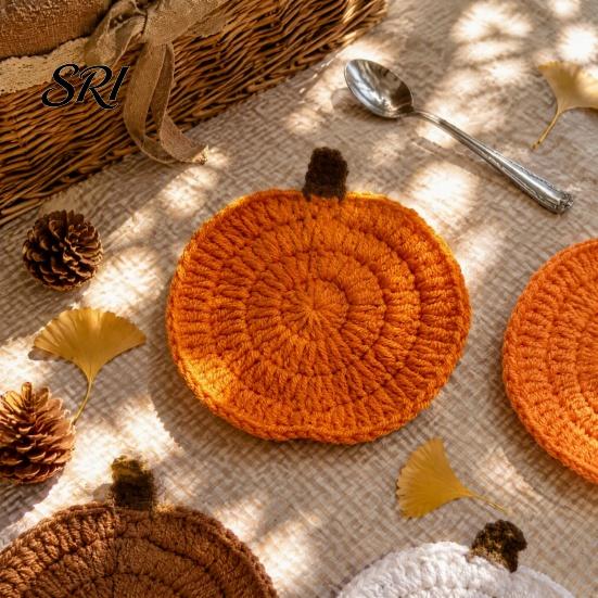 Pumpkin Shaped Table Pads Handmade Crochet Coasters for Mugs Bowls, Heat Resistant Yarn Decorative Desk Drink Mats Autumn Decor, Fall Seasonal Setting