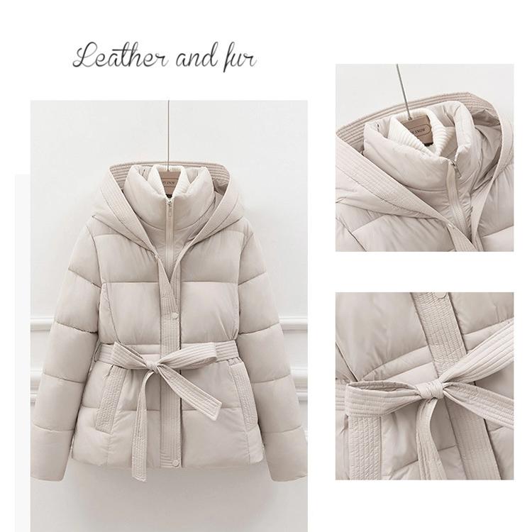 Women’s Short Hooded Windproof Thicken Warm Winter Jacket With Belt