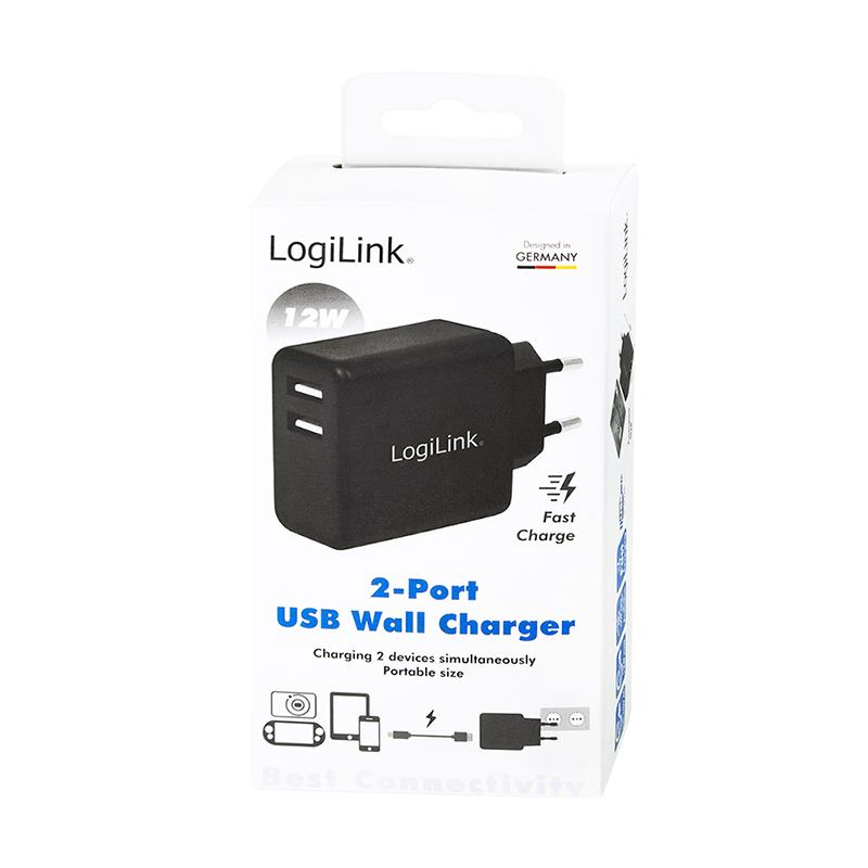 LogiLink USB Travel Adapter 2x 2.4A Fast Charging, 12W USB Charger