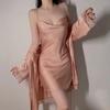 Женский пижамный комплект, модное платье с открытой спиной, однотонное шелковое платье с жемчужными подвязками, женский пижамный халат