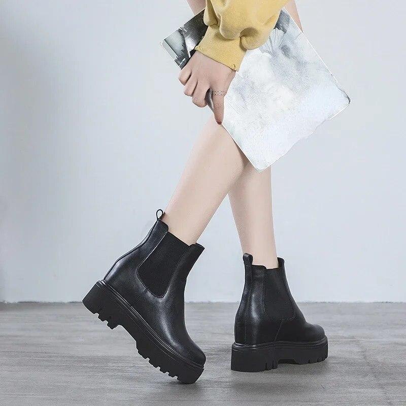 Fujin, 8 см, 2023, натуральная кожа, ботильоны «Челси», осень-зима, плюшевые теплые ботинки на платформе до середины икры, женская весенняя обувь в Риме