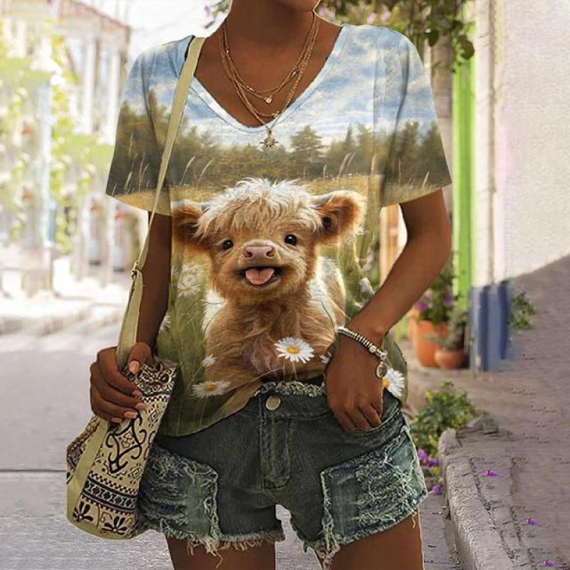 Женская футболка с изображением животных, летняя повседневная футболка с короткими рукавами, милый топ с принтом теленка, уличная мода с 3d принтом, женская одежда в стиле Харадзюку с v-образным вырезом