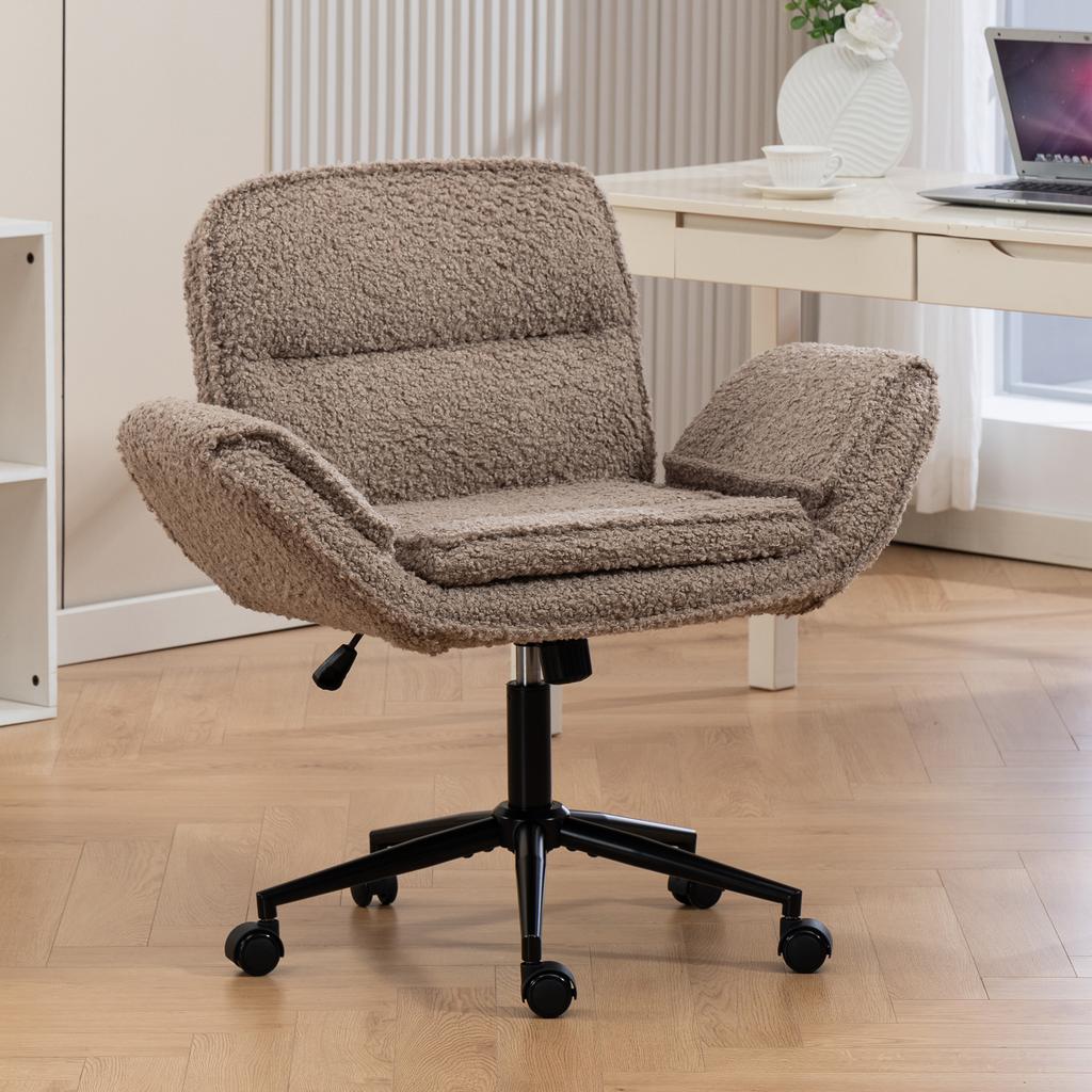 Criss-Cross with 5-Gear Adjustable Armrests and Casters, Thickened Backrest Swivel Desk Chair for Home Office, Bedroom and Living Room, Teddy Fleece