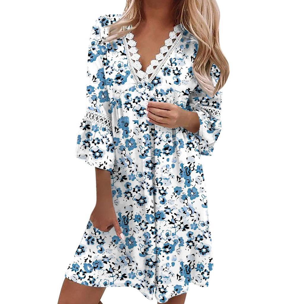 Женское кружевное лоскутное платье с v-образным вырезом в богемном стиле, повседневное курортное платье, женское платье