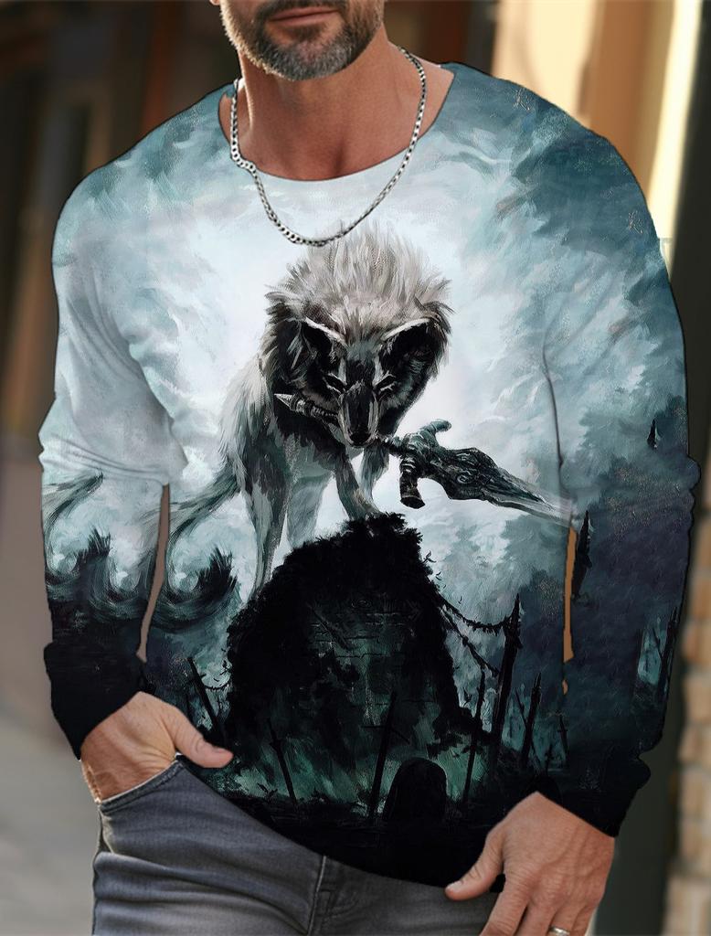 2024 New Men's Long-sleeved T-shirt 3d Printed High-definition Wolf Animal Print Men's Autumn Tops Casual Round Neck T-shirt