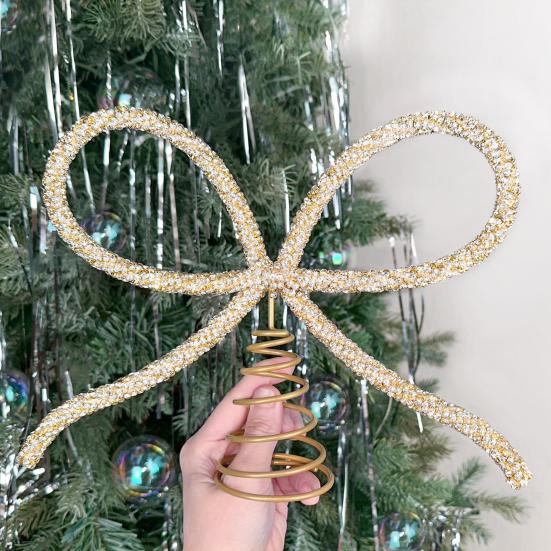 9.8" Rhinestone Bow Tree Topper Gold/Silver Rhinestone Bow Tree Top Ornament for Xmas Holiday