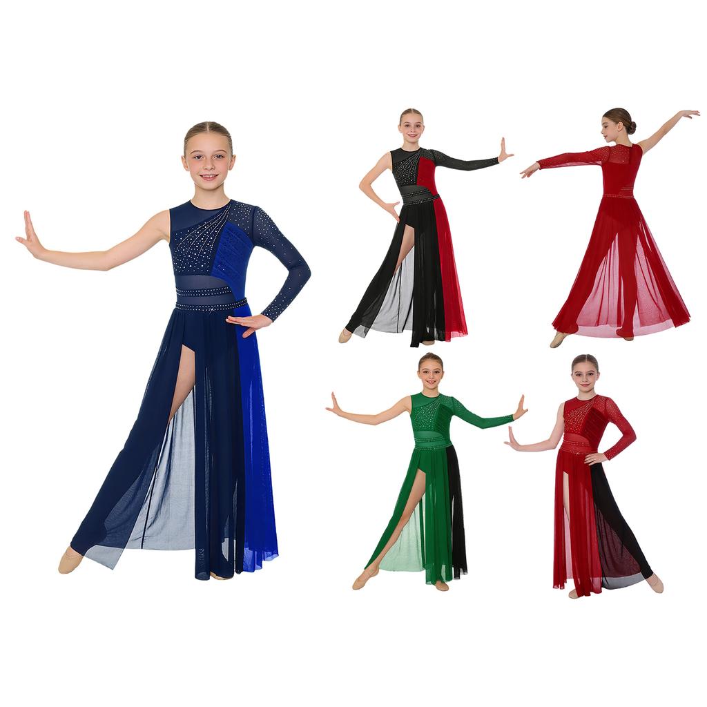 Kids Girls Dance Competition Dress: Color Block Patchwork Side Split Mesh with Shiny Rhinestones & Back Invisible Zipper for Lyrical Performance