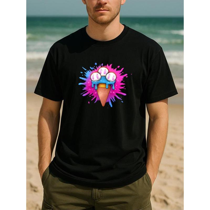 Европейские размеры, Цвет мороженого, Принт с акварельным узором, Топ с круглым вырезом, Мужская одежда, Повседневная футболка для мужчин на любой сезон, Очень универсальная