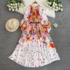Women Print Loose Big Swing Seaside Beach Dressses Oversized Long Maxi Pleated Dress with Belt